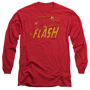 AN OFFCIALLY LICENSED DC FLASH FLASH SPEED DISTRESSED MEN'S LONG SLEEVE T-SHIRT RED