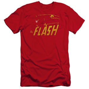 AN OFFCIALLY LICENSED DC FLASH FLASH SPEED DISTRESSED MEN'S PREMIUM SLIM FIT T-SHIRT RED
