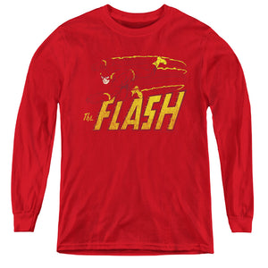 AN OFFCIALLY LICENSED DC FLASH FLASH SPEED DISTRESSED YOUTH LONG SLEEVE T-SHIRT RED