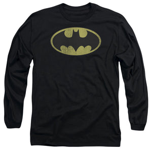 AN OFFCIALLY LICENSED DC RETRO BAT LOGO DISTRESSED MEN'S LONG SLEEVE T-SHIRT BLACK