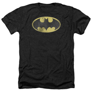 AN OFFCIALLY LICENSED DC RETRO BAT LOGO DISTRESSED MEN'S HEATHER T-SHIRT CHARCOAL