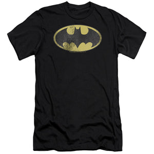 AN OFFCIALLY LICENSED DC RETRO BAT LOGO DISTRESSED MEN'S PREMIUM SLIM FIT T-SHIRT BLACK