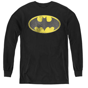 AN OFFCIALLY LICENSED DC RETRO BAT LOGO DISTRESSED YOUTH LONG SLEEVE T-SHIRT BLACK