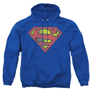 AN OFFCIALLY LICENSED DC SUPERMAN RETRO SUPES LOGO DISTRESSED ADULT UNISEX PULLOVER HOODIE ROYAL