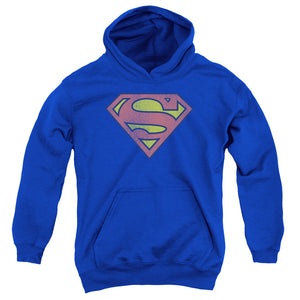 AN OFFCIALLY LICENSED DC SUPERMAN RETRO SUPES LOGO DISTRESSED YOUTH HOODIE ROYAL
