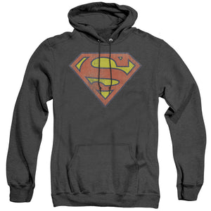 AN OFFCIALLY LICENSED DC RETRO SUPES LOGO DISTRESSED ADULT UNISEX HEATHER PULLOVER HOODIE BLACK