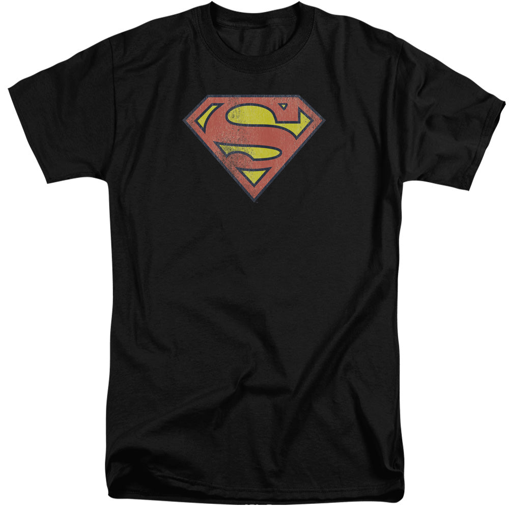 AN OFFCIALLY LICENSED DC RETRO SUPES LOGO DISTRESSED MEN'S TALL FIT T-SHIRT BLACK