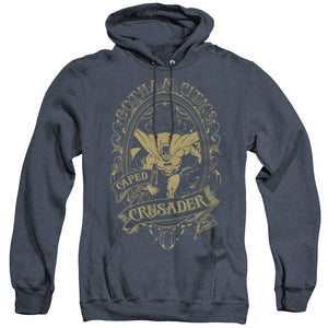 AN OFFCIALLY LICENSED DC GOTHAM CRUSADER ADULT UNISEX HEATHER PULLOVER HOODIE NAVY