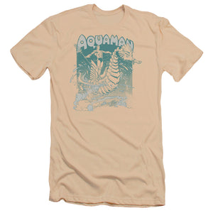 AN OFFCIALLY LICENSED DC AQUAMAN CATCH A WAVE MEN'S PREMIUM SLIM FIT T-SHIRT ROYAL