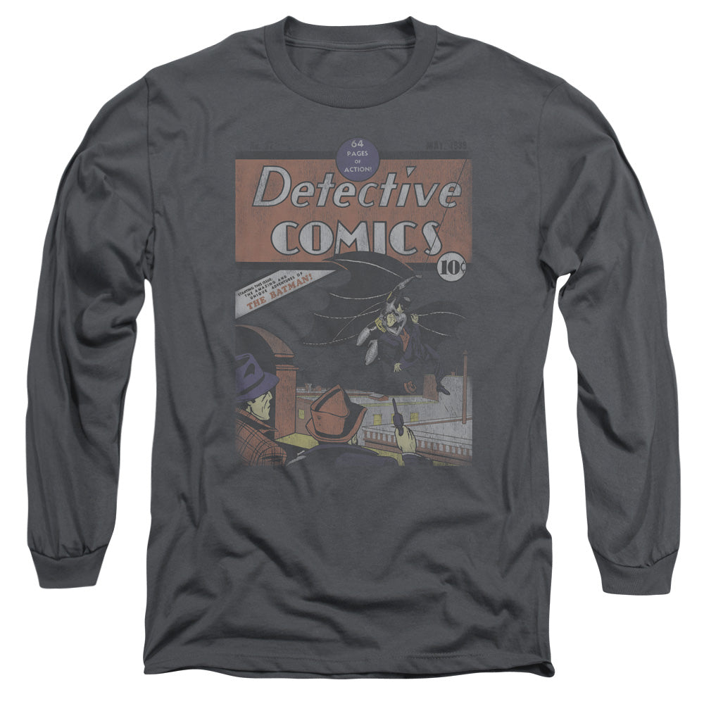 AN OFFCIALLY LICENSED DC DETECTIVE #27 DISTRESSED MEN'S LONG SLEEVE T-SHIRT CHARCOAL