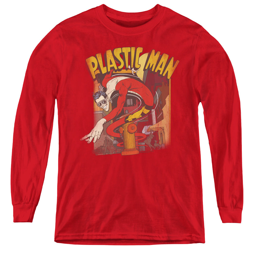 AN OFFCIALLY LICENSED DC PLASTIC MAN STREET YOUTH LONG SLEEVE T-SHIRT RED