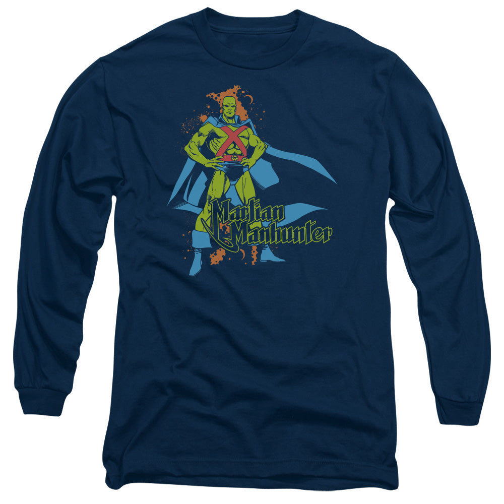 AN OFFCIALLY LICENSED DC MARTIAN MANHUNTER MEN'S LONG SLEEVE T-SHIRT NAVY