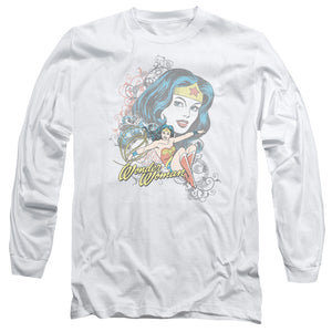 AN OFFCIALLY LICENSED DC WONDER SCROLL MEN'S LONG SLEEVE T-SHIRT WHITE