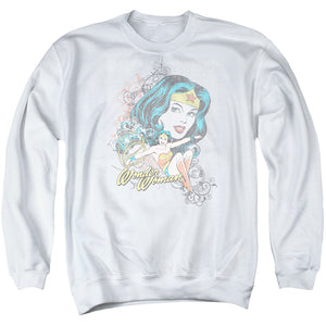 AN OFFCIALLY LICENSED DC WONDER SCROLL ADULT UNISEX CREWNECK SWEATSHIRT WHITE