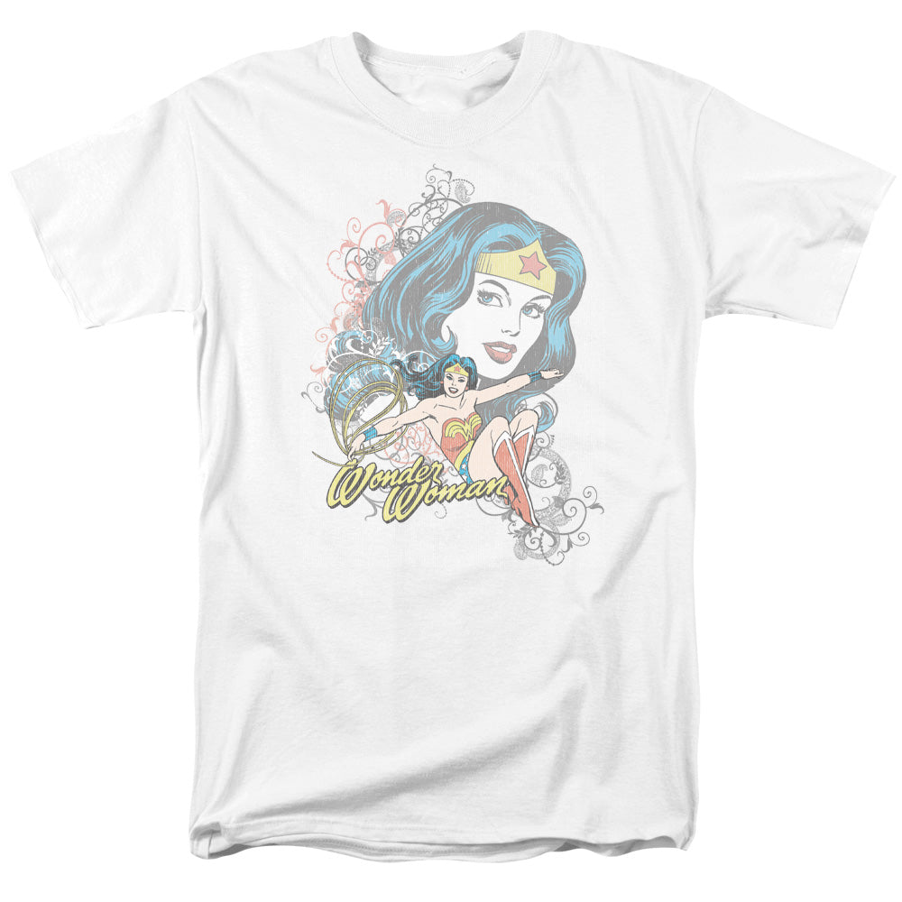 AN OFFCIALLY LICENSED DC WONDER SCROLL MEN'S REGULAR FIT T-SHIRT WHITE