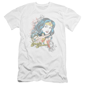 AN OFFCIALLY LICENSED DC WONDER SCROLL MEN'S PREMIUM SLIM FIT T-SHIRT WHITE