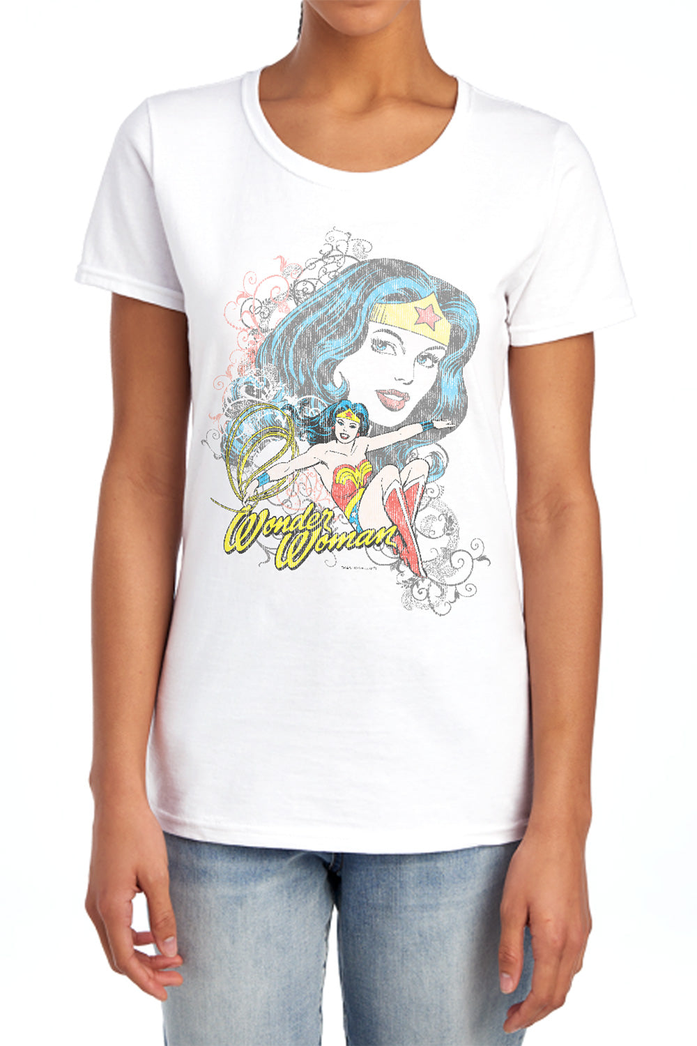 AN OFFCIALLY LICENSED DC WONDER SCROLL WOMEN'S REGULAR FIT T-SHIRT WHITE