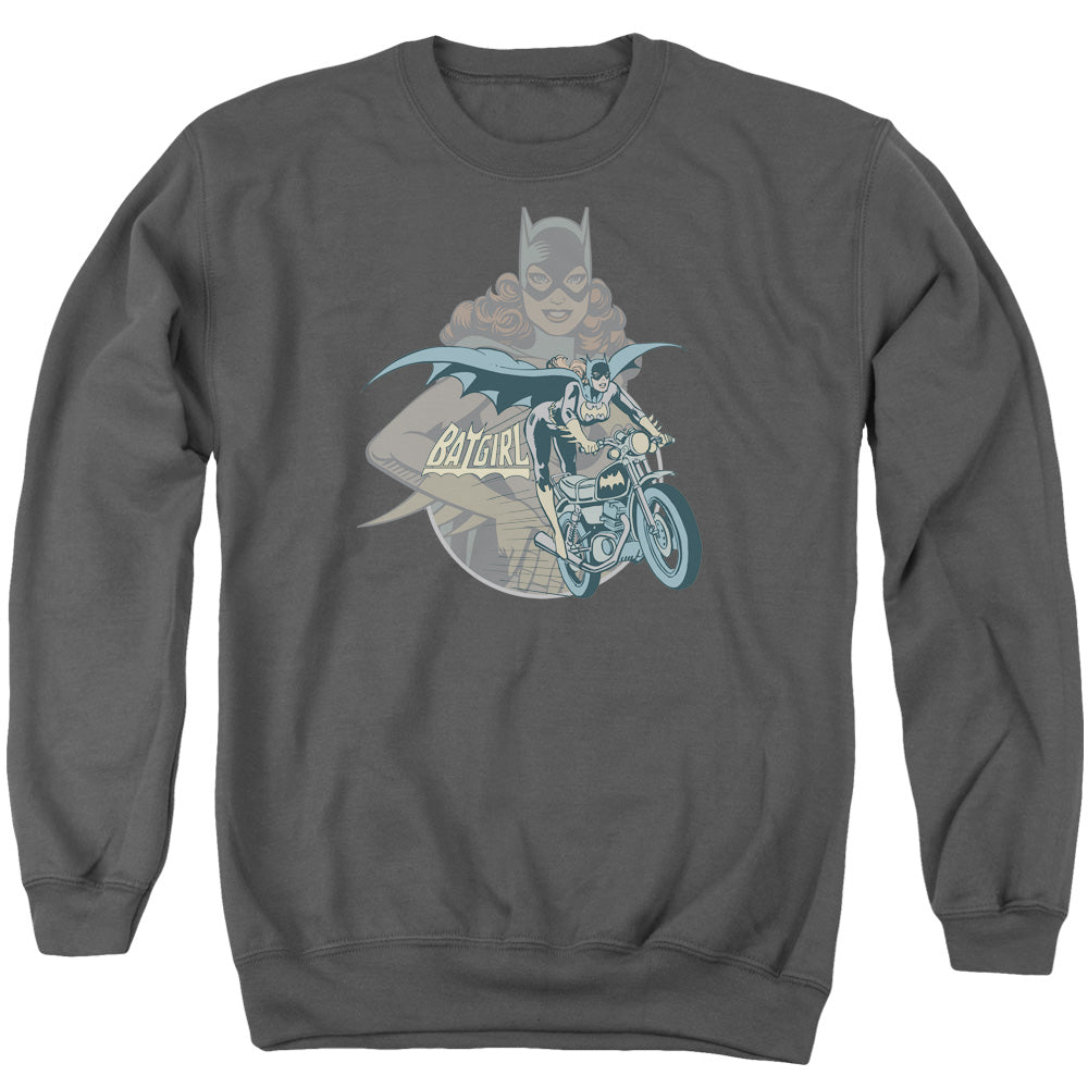 AN OFFCIALLY LICENSED DC BATGIRL BIKER ADULT UNISEX CREWNECK SWEATSHIRT CHARCOAL