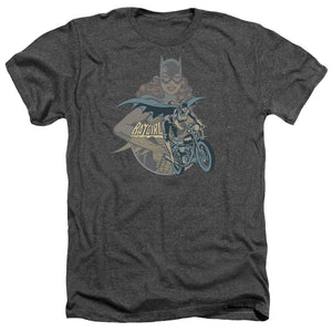 AN OFFCIALLY LICENSED DC BATGIRL BIKER MEN'S HEATHER T-SHIRT CHARCOAL