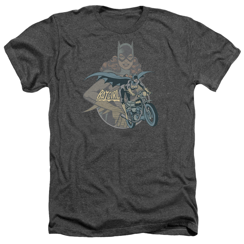 AN OFFCIALLY LICENSED DC BATGIRL BIKER MEN'S HEATHER T-SHIRT CHARCOAL