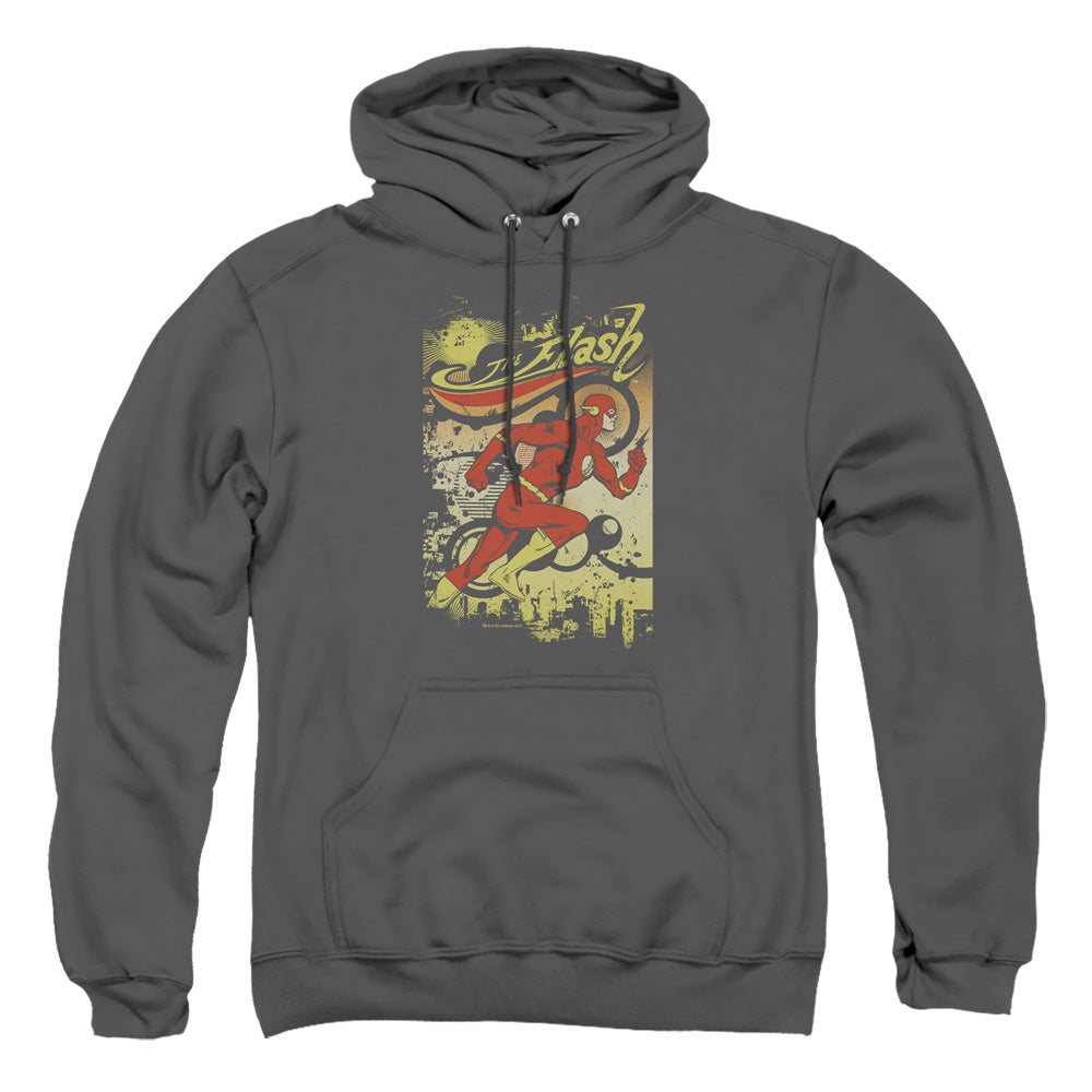 AN OFFCIALLY LICENSED DC FLASH JUST PASSING THROUGH ADULT UNISEX PULLOVER HOODIE CHARCOAL