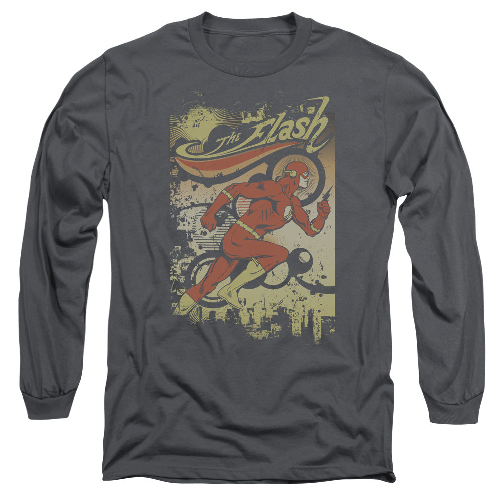 AN OFFCIALLY LICENSED DC FLASH JUST PASSING THROUGH MEN'S LONG SLEEVE T-SHIRT CHARCOAL