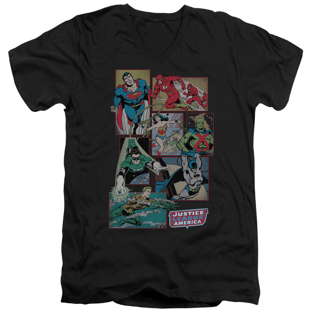 AN OFFCIALLY LICENSED DC JUSTICE LEAGUE BOXES MEN'S V-NECK T-SHIRT BLACK