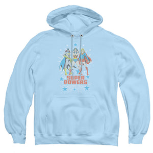 AN OFFCIALLY LICENSED DC SUPER POWERS X3 ADULT UNISEX PULLOVER HOODIE LIGHT BLUE