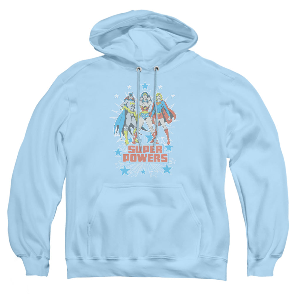 AN OFFCIALLY LICENSED DC SUPER POWERS X3 ADULT UNISEX PULLOVER HOODIE LIGHT BLUE