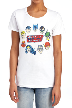 AN OFFCIALLY LICENSED DC JUSTICE HEAD CIRCLE WOMEN'S REGULAR FIT T-SHIRT CAROLINA BLUE