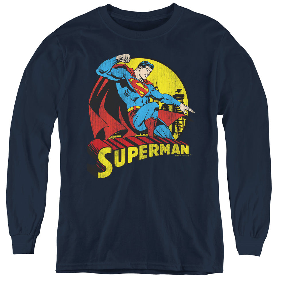 AN OFFCIALLY LICENSED DC BIG BLUE YOUTH LONG SLEEVE T-SHIRT NAVY