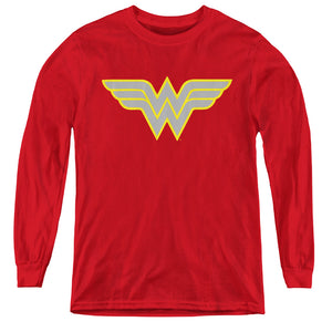AN OFFCIALLY LICENSED DC WW LOGO YOUTH LONG SLEEVE T-SHIRT RED