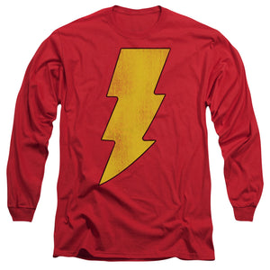 AN OFFCIALLY LICENSED DC SHAZAM LOGO DISTRESSED MEN'S LONG SLEEVE T-SHIRT RED