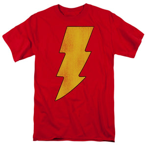 AN OFFCIALLY LICENSED DC SHAZAM LOGO DISTRESSED MEN'S REGULAR FIT T-SHIRT RED