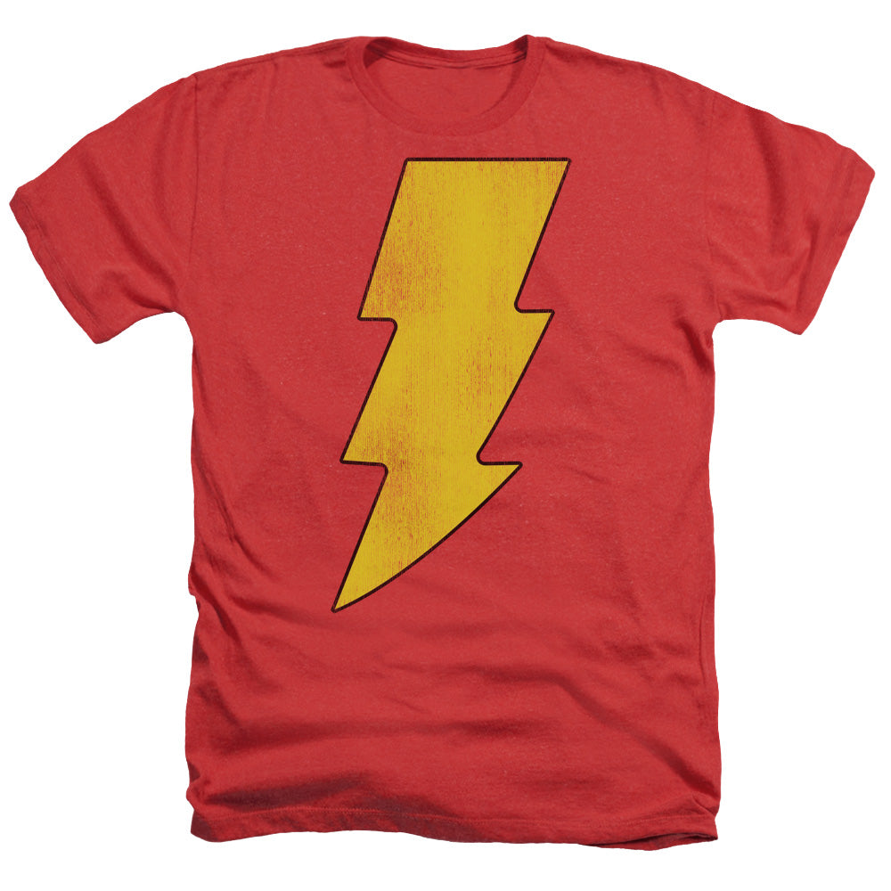 AN OFFCIALLY LICENSED DC SHAZAM LOGO DISTRESSED MEN'S HEATHER T-SHIRT RED