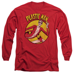 AN OFFCIALLY LICENSED DC PLASTIC MAN MEN'S LONG SLEEVE T-SHIRT RED
