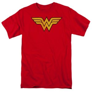 AN OFFCIALLY LICENSED DC WONDER WOMAN LOGO DIST MEN'S REGULAR FIT T-SHIRT RED