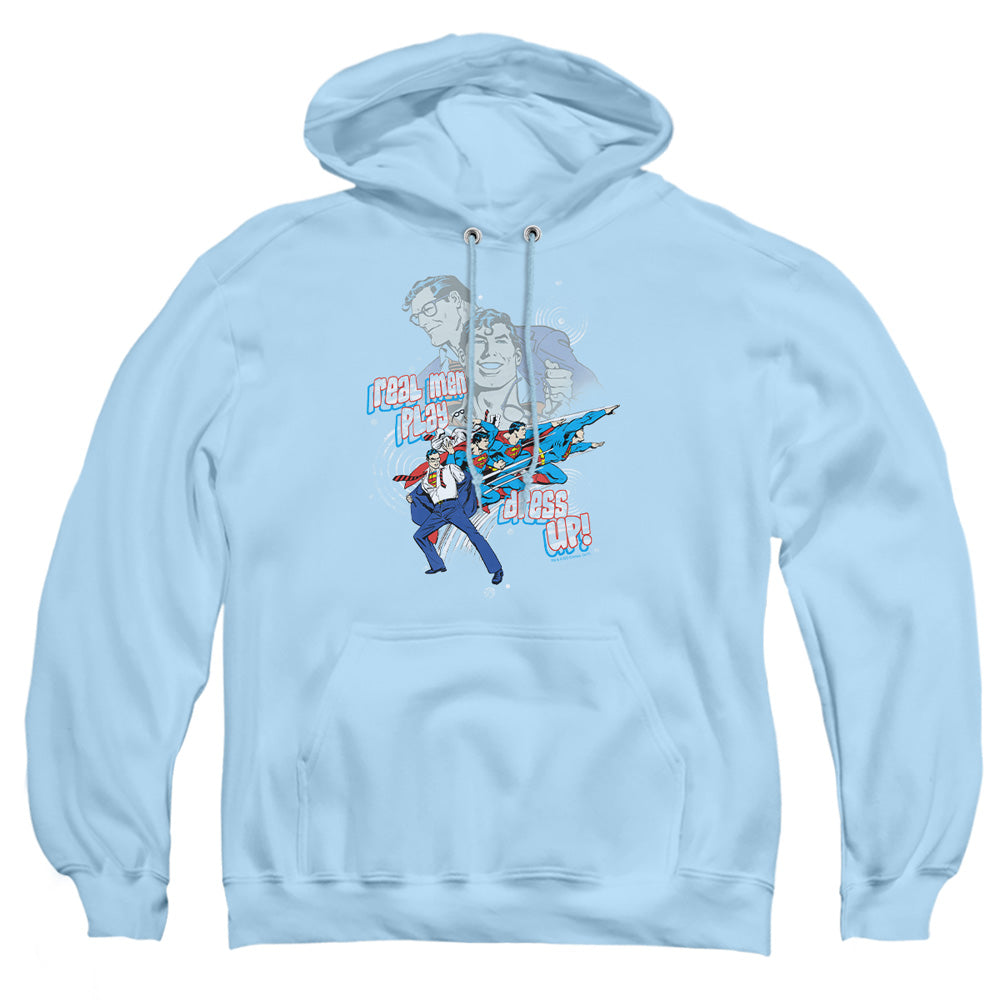 AN OFFCIALLY LICENSED DC REAL MEN ADULT UNISEX PULLOVER HOODIE LIGHT BLUE