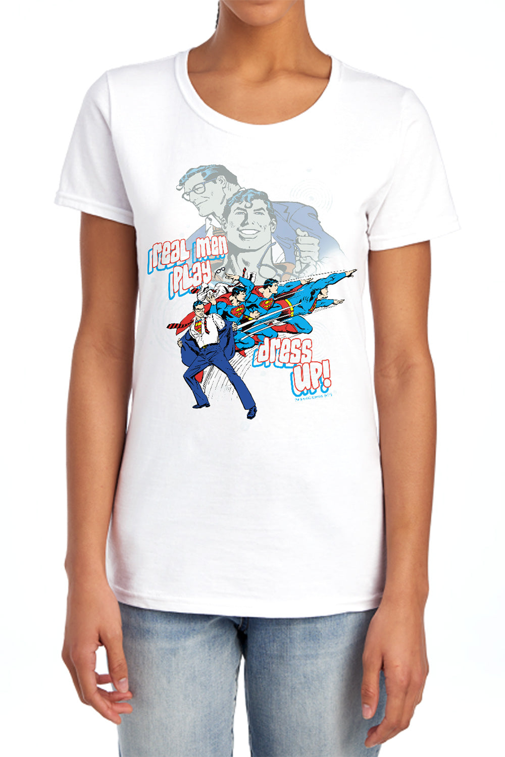 AN OFFCIALLY LICENSED DC REAL MEN WOMEN'S REGULAR FIT T-SHIRT LIGHT BLUE