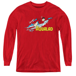 AN OFFCIALLY LICENSED DC AQUALAD YOUTH LONG SLEEVE T-SHIRT RED