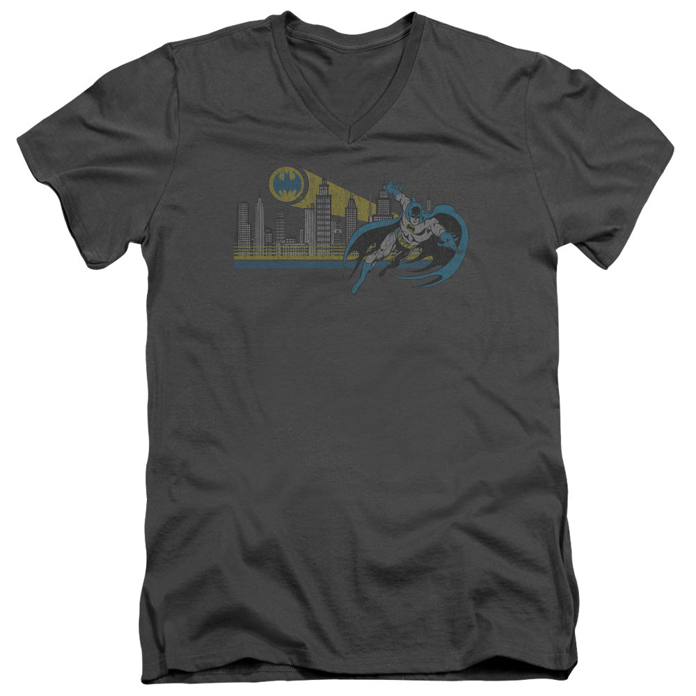AN OFFCIALLY LICENSED DC GOTHAM RETRO MEN'S V-NECK T-SHIRT CHARCOAL