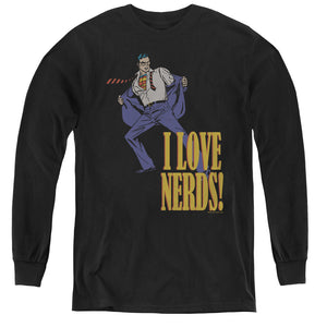 AN OFFCIALLY LICENSED DC I LOVE NERDS YOUTH LONG SLEEVE T-SHIRT BLACK