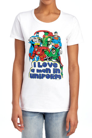 AN OFFCIALLY LICENSED DC I LOVE A MAN IN UNIFORM WOMEN'S REGULAR FIT T-SHIRT LIGHT BLUE