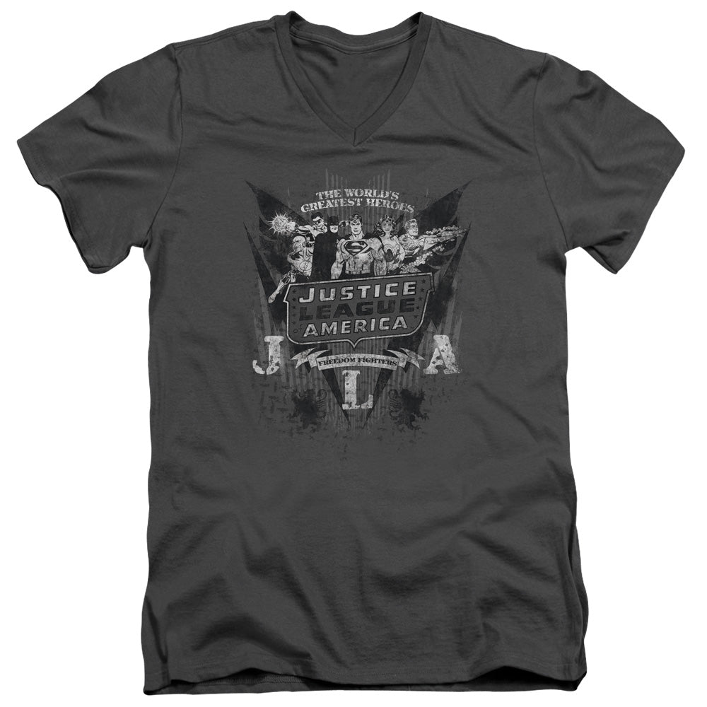 AN OFFCIALLY LICENSED DC GREATEST HEROES MEN'S V-NECK T-SHIRT CHARCOAL
