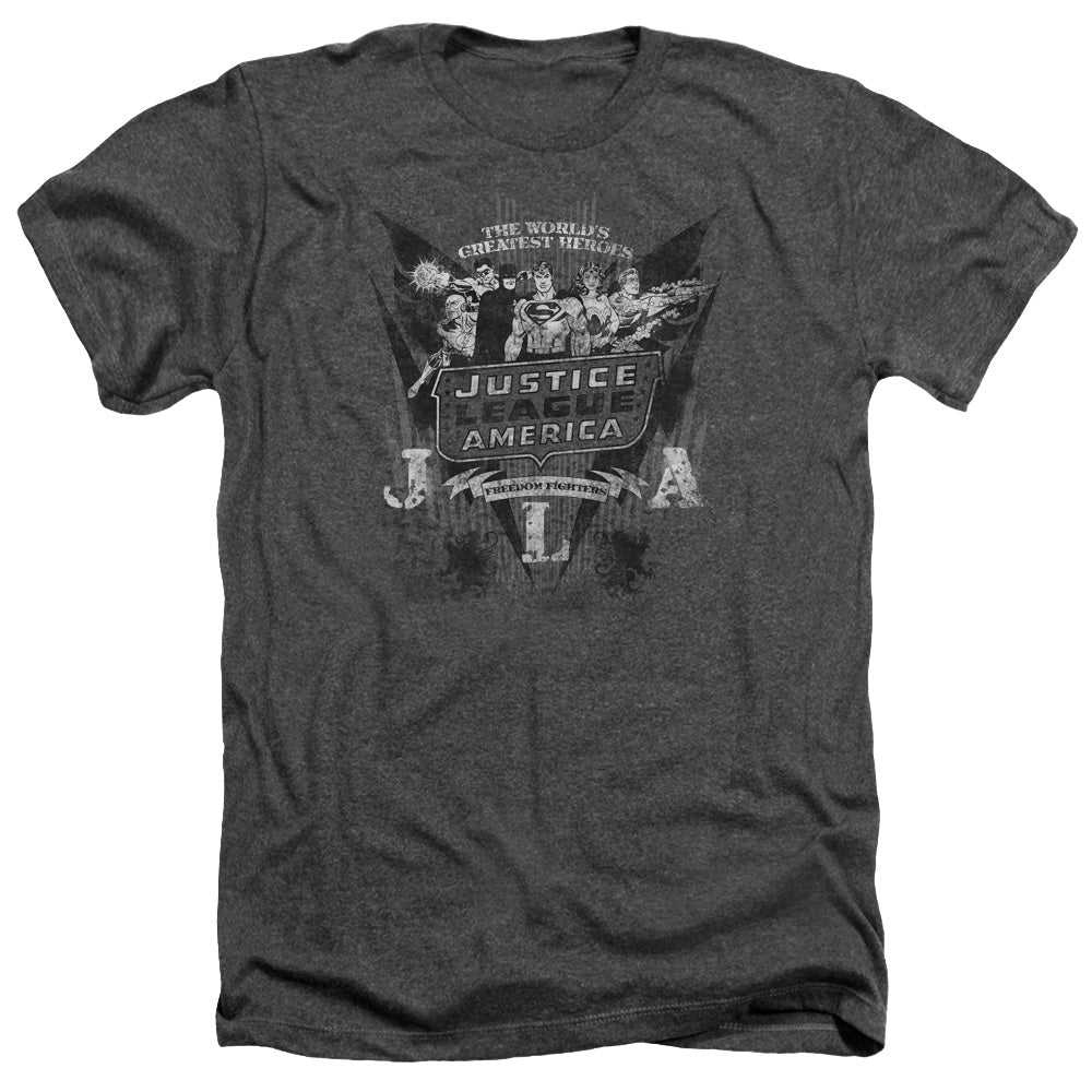 AN OFFCIALLY LICENSED DC GREATEST HEROES MEN'S HEATHER T-SHIRT CHARCOAL