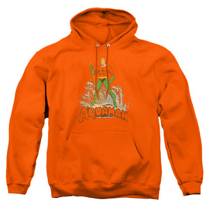 AN OFFCIALLY LICENSED DC AQUAMAN DISTRESSED ADULT UNISEX PULLOVER HOODIE ORANGE