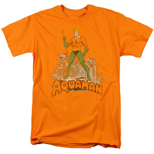 AN OFFCIALLY LICENSED DC AQUAMAN DISTRESSED MEN'S REGULAR FIT T-SHIRT ORANGE