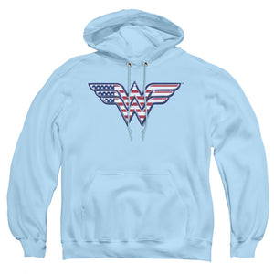 AN OFFCIALLY LICENSED DC RED,WHITE & BLUE ADULT UNISEX PULLOVER HOODIE LIGHT BLUE