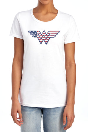 AN OFFCIALLY LICENSED DC RED,WHITE & BLUE WOMEN'S REGULAR FIT T-SHIRT LIGHT BLUE