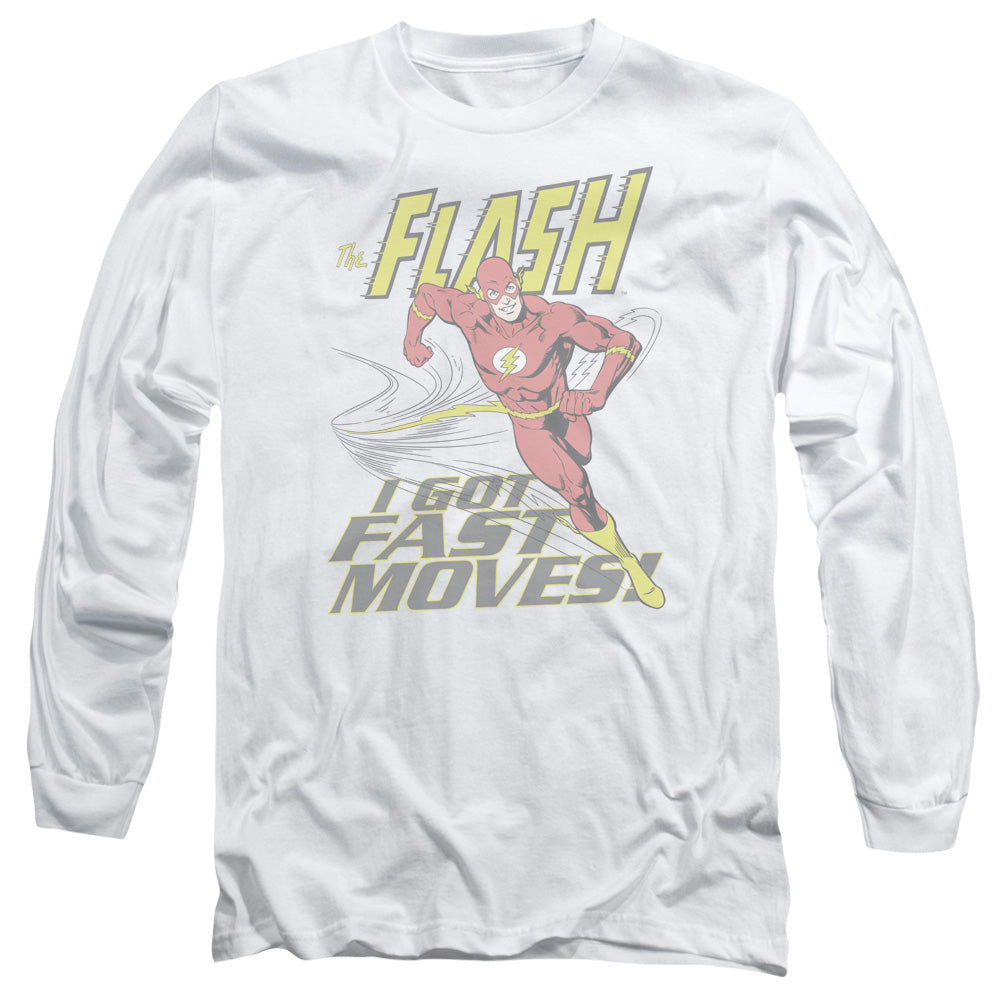 AN OFFCIALLY LICENSED DC FLASH FAST MOVES MEN'S LONG SLEEVE T-SHIRT WHITE